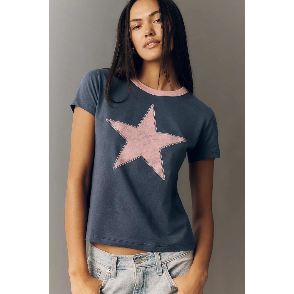 Anthropologie Letluv Star Graphic Ringer T-Shirt Navy Lilac Medium NWT
